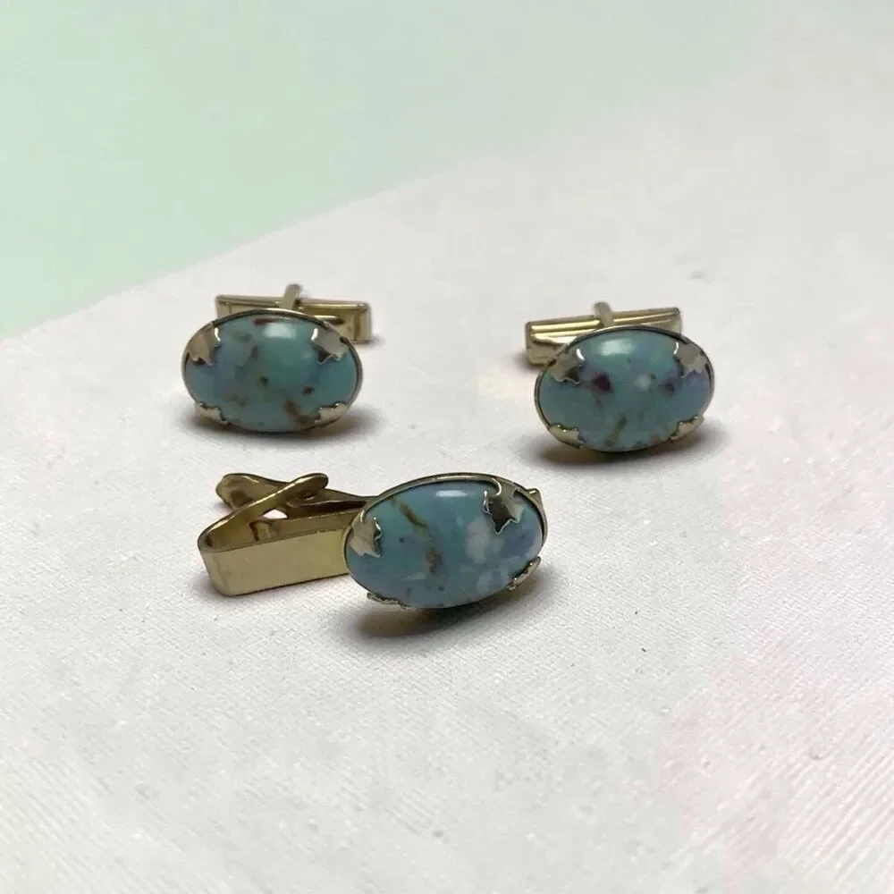 Vintage Sara Coventry Cuff Links And Tie Clip, NWOT,faux Gem Stone,Gold Tone